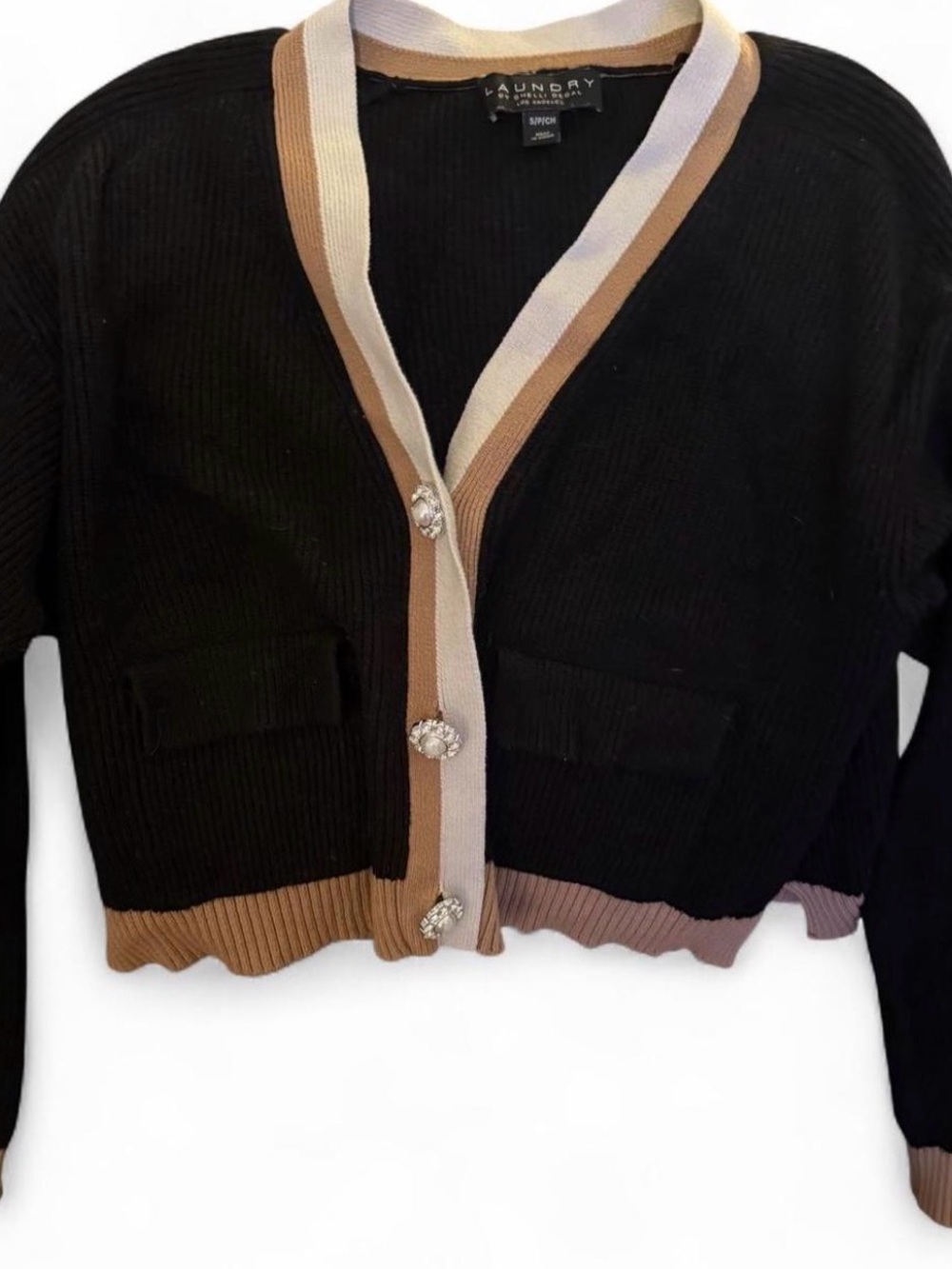 Laundry By Shelli Segal Black Cropped Cardigan with Beige and Cream Trim